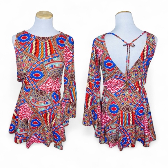 LULI FAMA Mandinga Goddess One Shoulder Bell Sleeve Mini Dress Size XS/Small - Picture 1 of 13